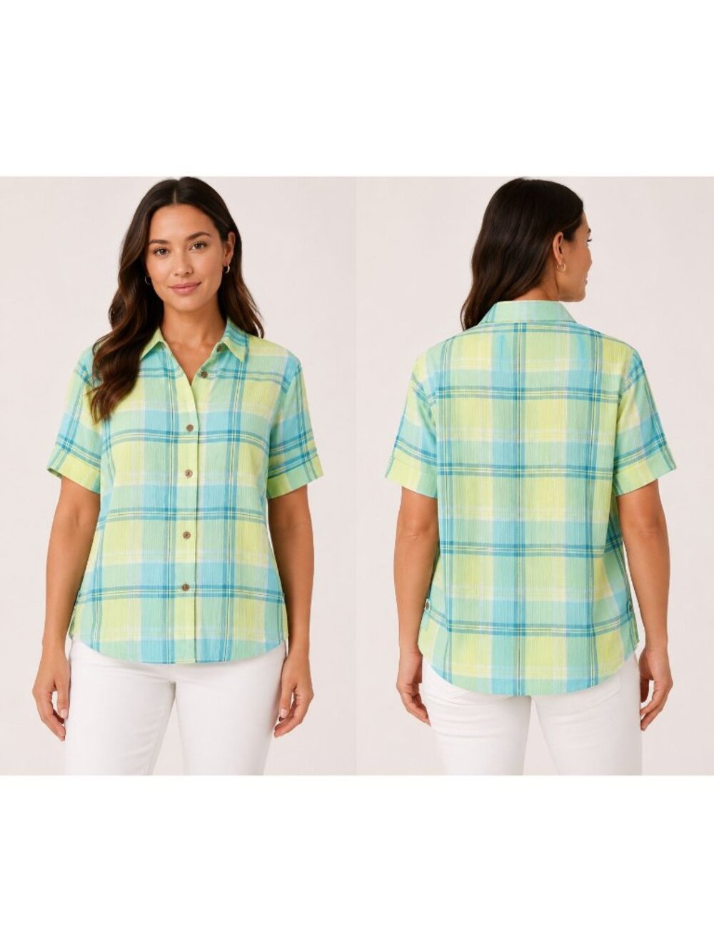 Alia Size 18 Plaid Button Up Shirt Aqua Lime Green Short Sleeve Textured Top
